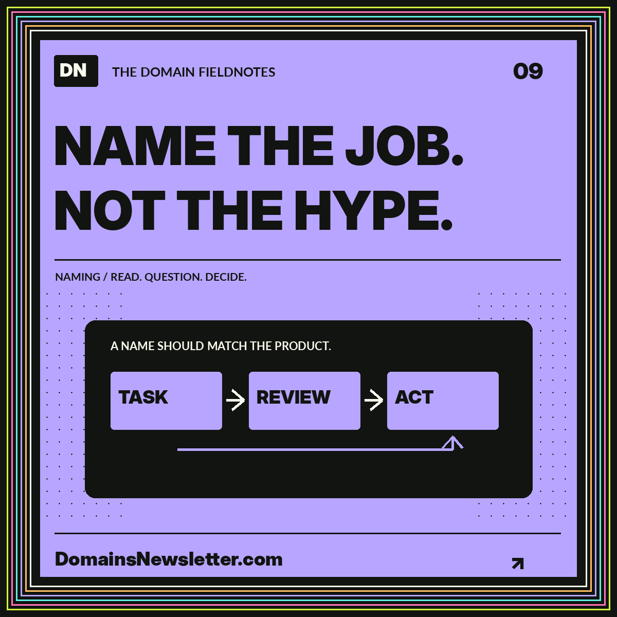 Neon naming fieldnote: name the job. not the hype. A multicolor pinstripe frame surrounds the headline and topic illustration.