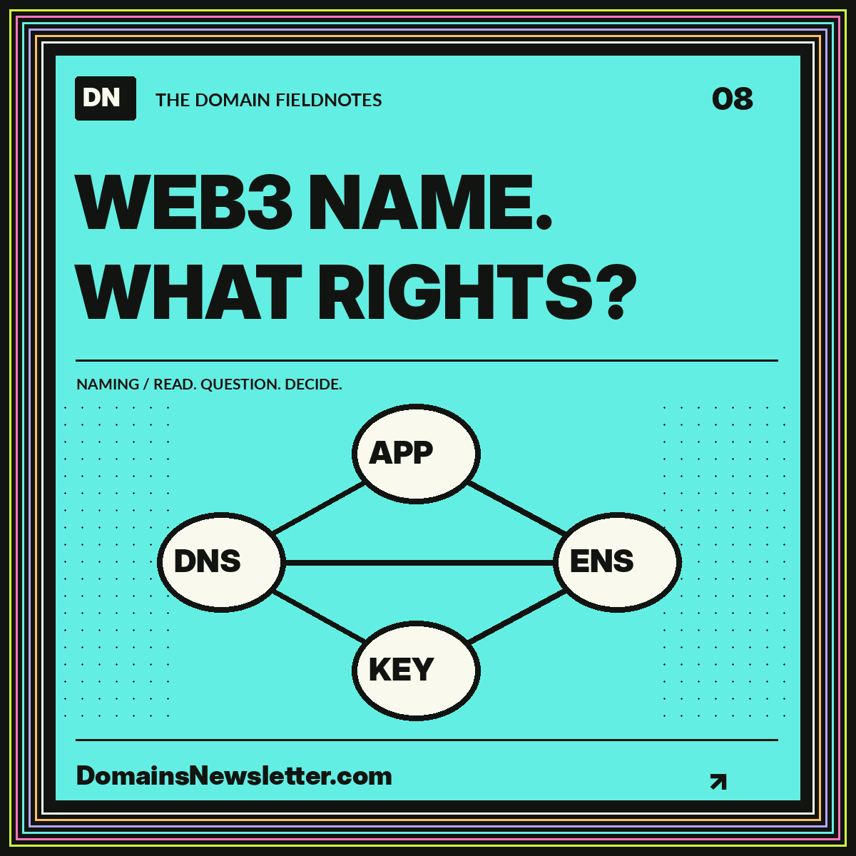 Neon naming fieldnote: web3 name. what rights? A multicolor pinstripe frame surrounds the headline and topic illustration.